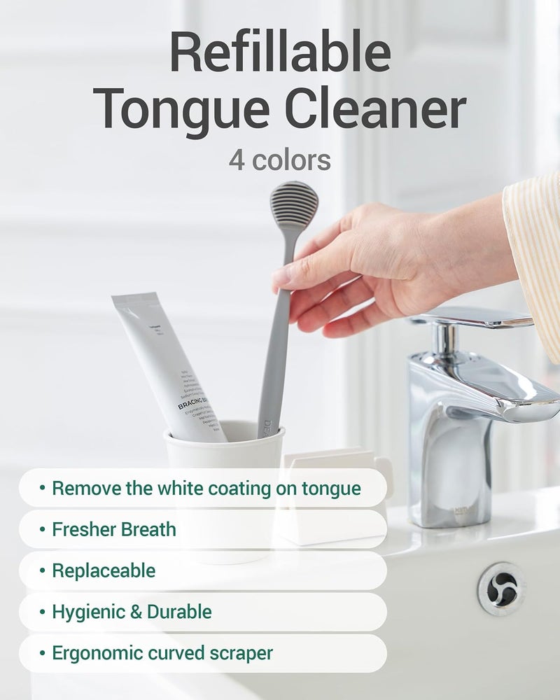 DEARCUS Store Korean Tongue Scraper with 3 Replaceable Heads - 100% BPA Free TPE Tongue Cleaner - Reduce Bad Breath & Without Hurt - Hygienic Scraper - Modern & Simple Design (Gray) - Image 2
